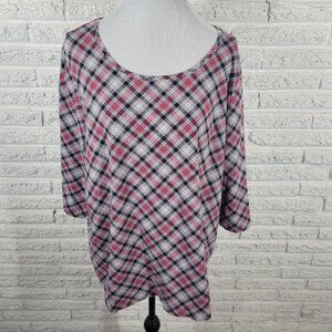 Catherines Womens Top 1X Plus 3/4 Sleeve Gray Red Plaid Cotton Blend PLA145E